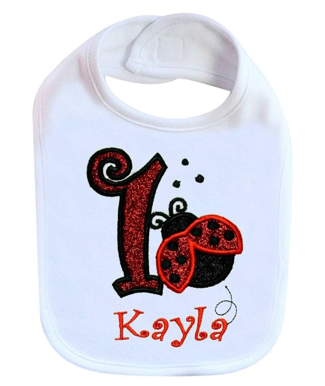 First Birthday Bib Ladybug Glitter Personalized with Name