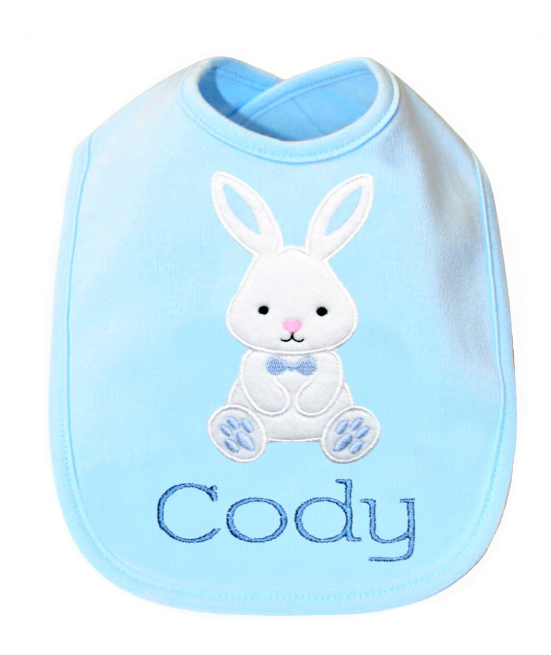 First Easter Bunny Boy Bib Personalized with Name, Choose Design: Light Blue Bib / White Bunny