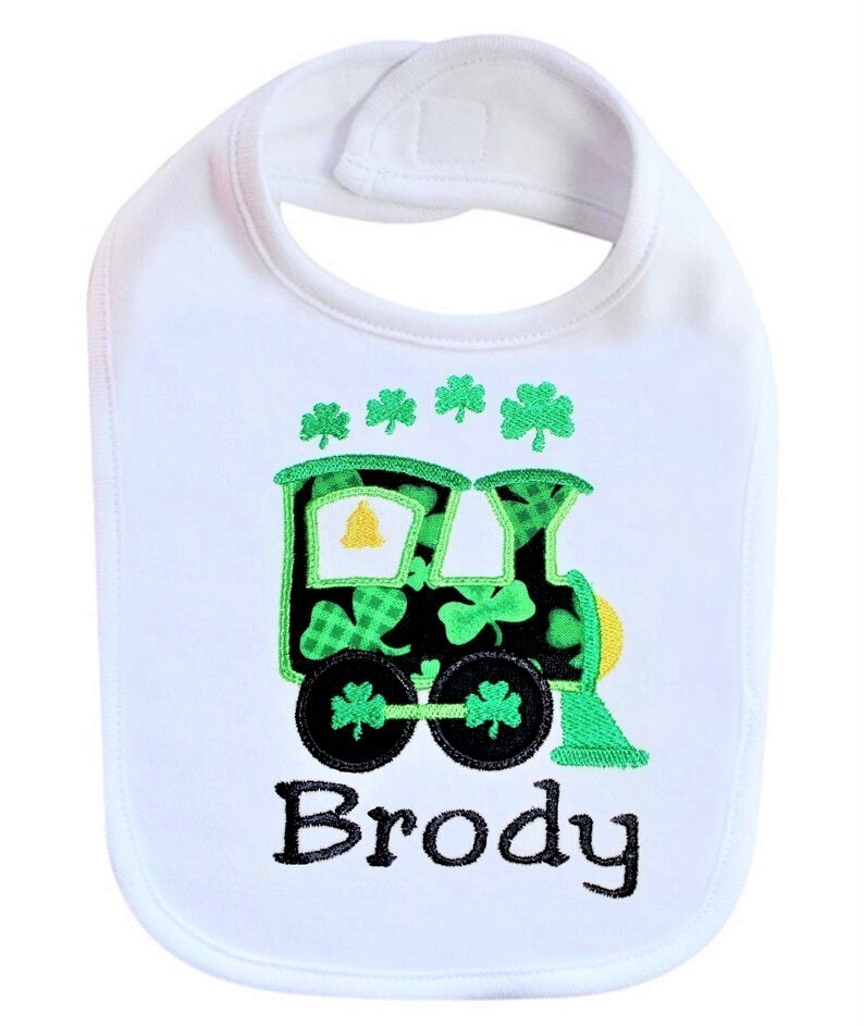 St. Patrick&#39;s Day Boy Bib Shamrock Train Personalized with Name