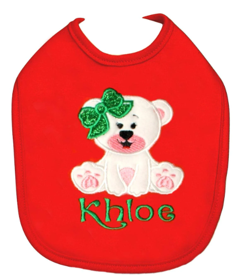 Baby Girl Christmas Teddy Bear Bib Personalized with Name