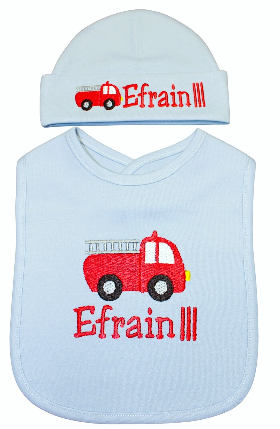 Boy Firetruck Bib +Matching Hat- Personalized with Name