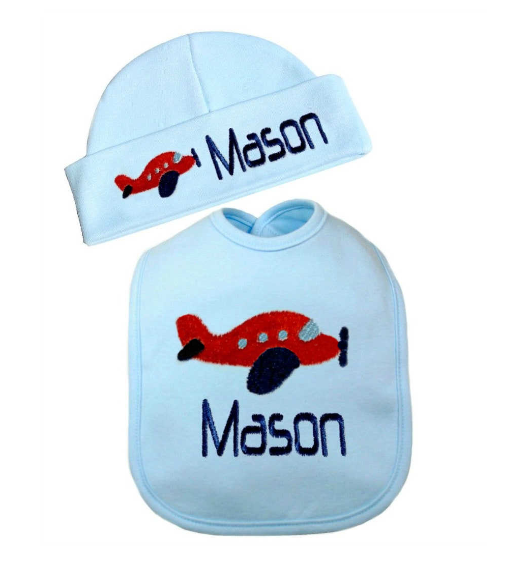 Boy Plane Gift Set Bib with Hat- Personalized with Name