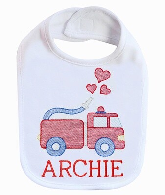 Valentine&#39;s Day Firetruck Boy Bib Personalized with Name