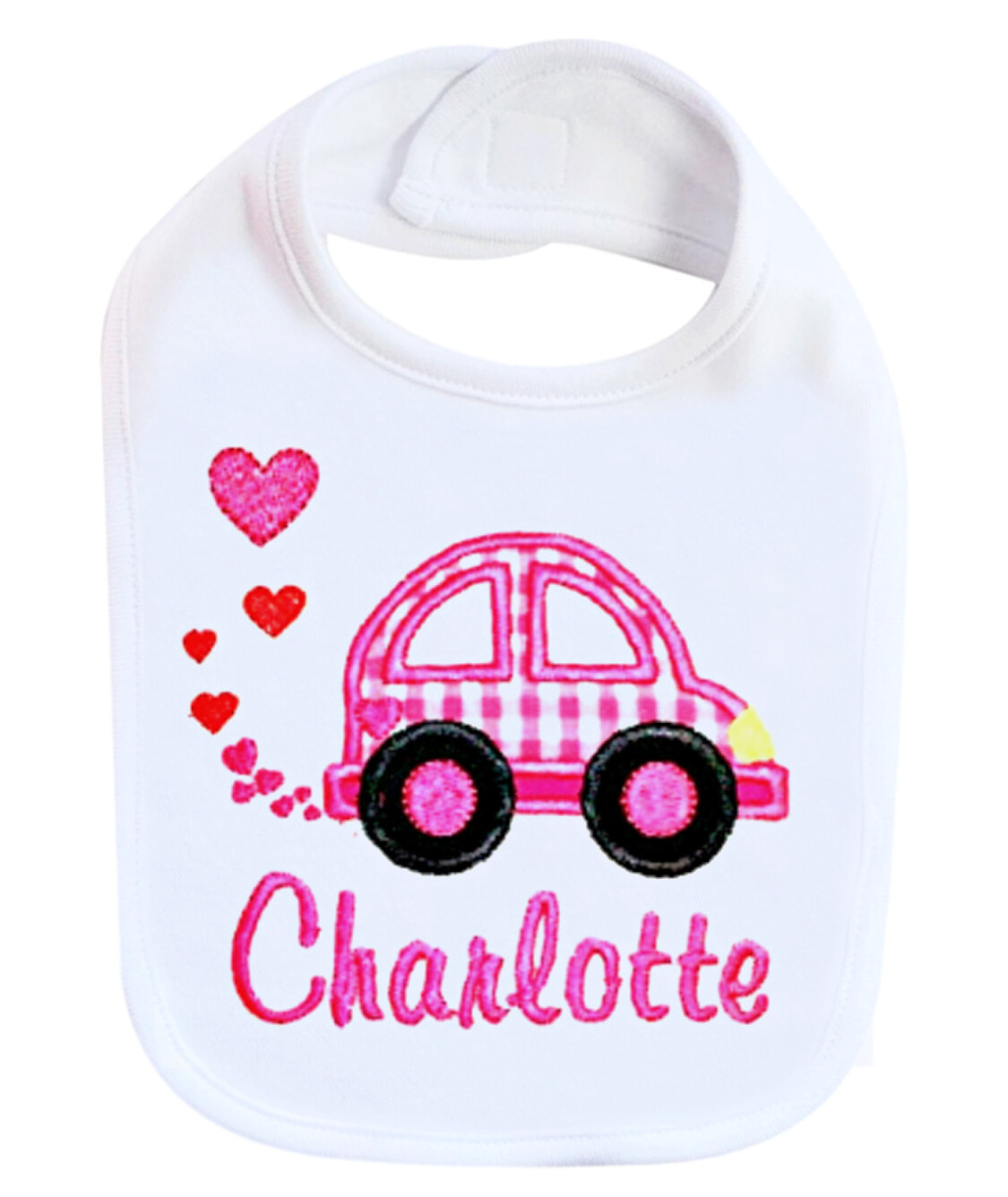 Valentine&#39;s Day Girl Bib Personalized with Pink Car + Name