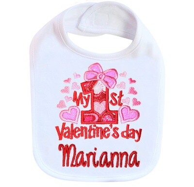 My 1st Valentine&#39;s Day Hearts Girl Bib Personalized with Name