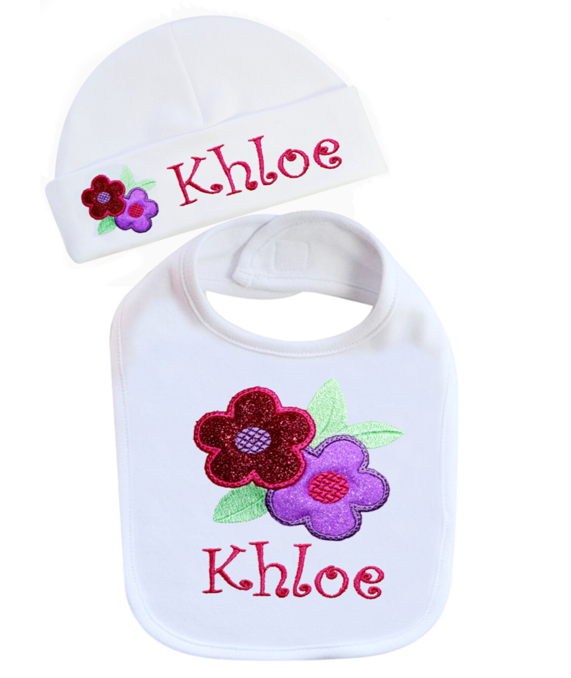 Baby Girl Sparkling Flowers Bib with Matching Hat