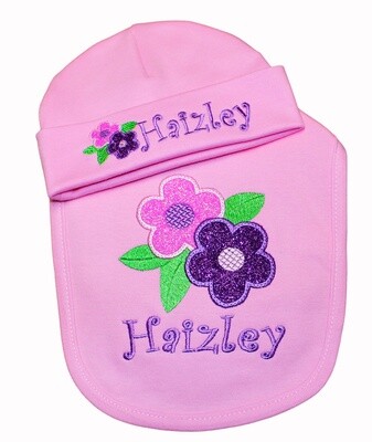 Baby Girl Sparkling Flowers Bib with Matching Hat