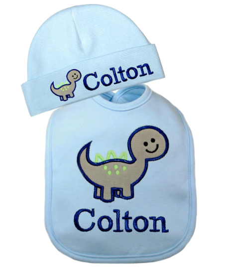 Baby Boy Dinosaur Bib with Matching Cotton Hat-Baby Gift Set