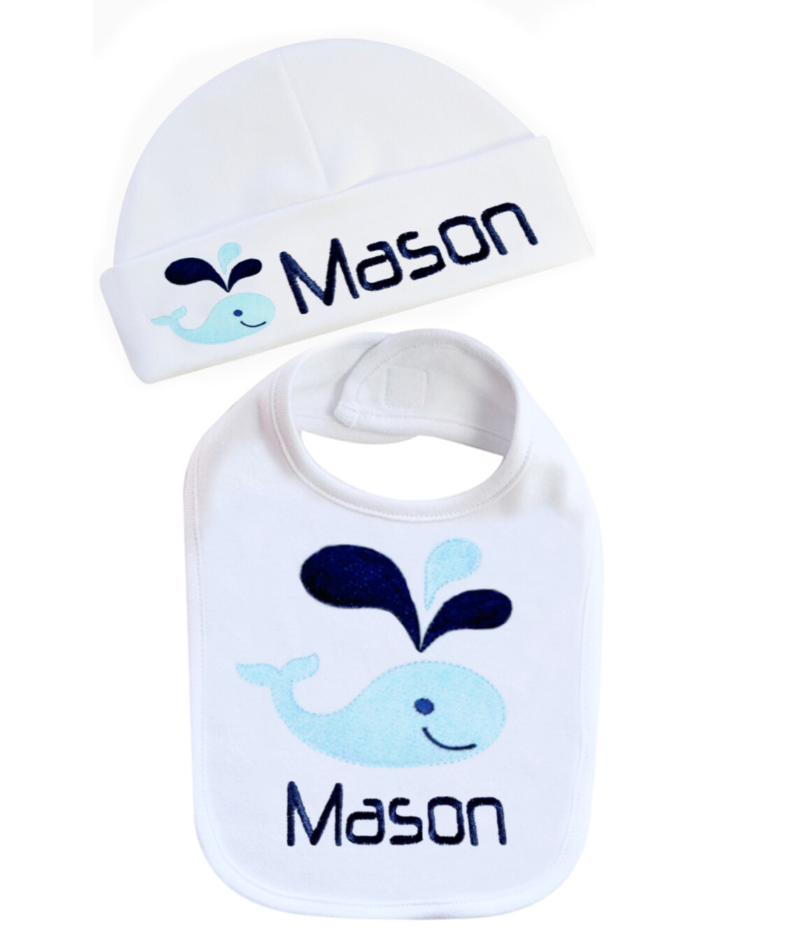 Boy Bib Whale Design with Matching Hat- Personalized with Name
