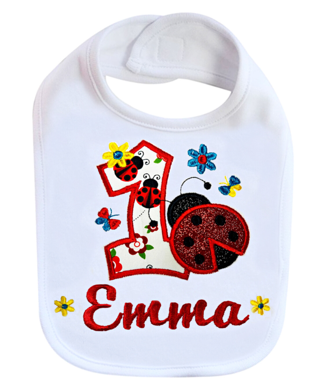 First Birthday Bib Ladybug &amp; Flowers Personalized with Name