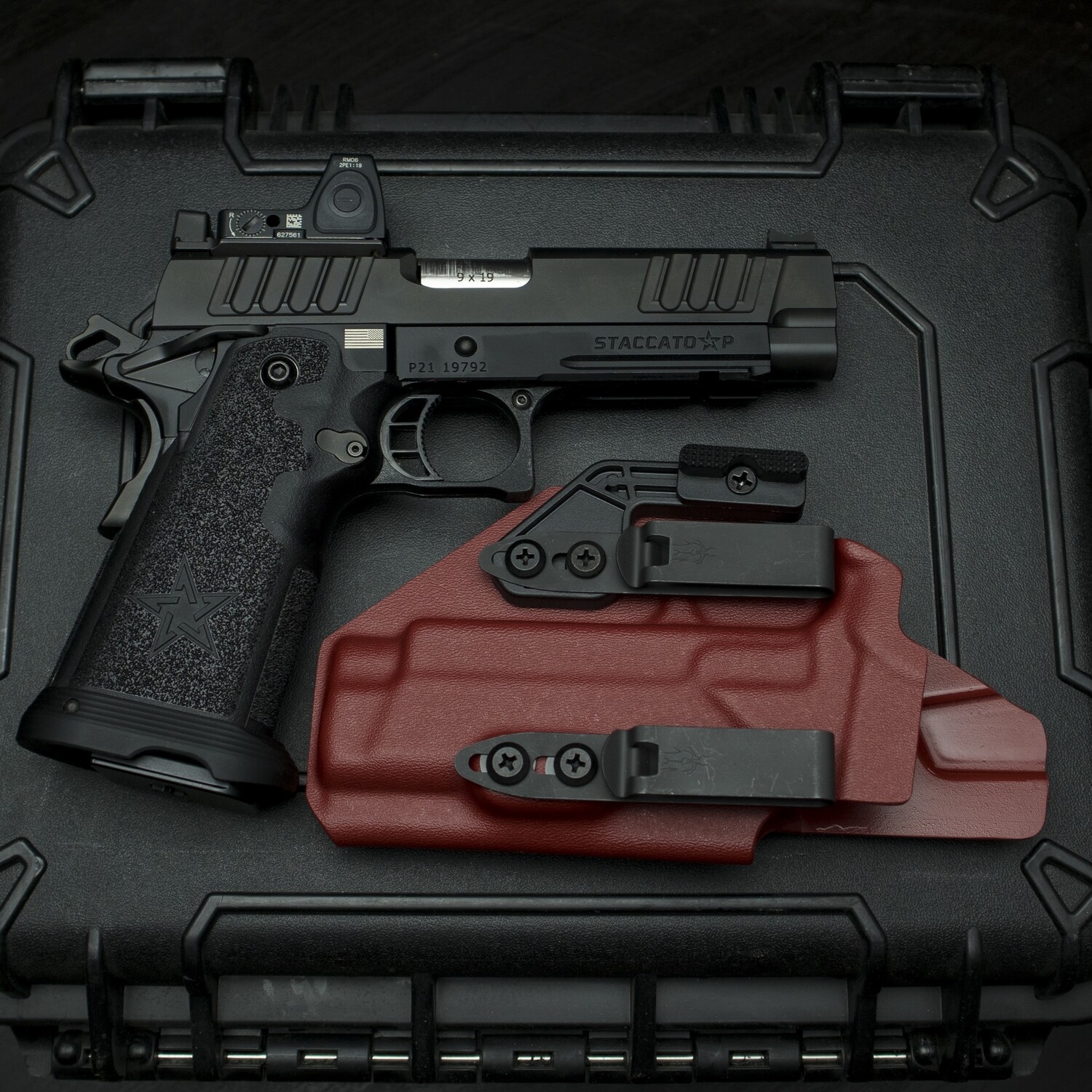 Staccato P V2 appendix holster in Blood Red with Discreet Carry Clips