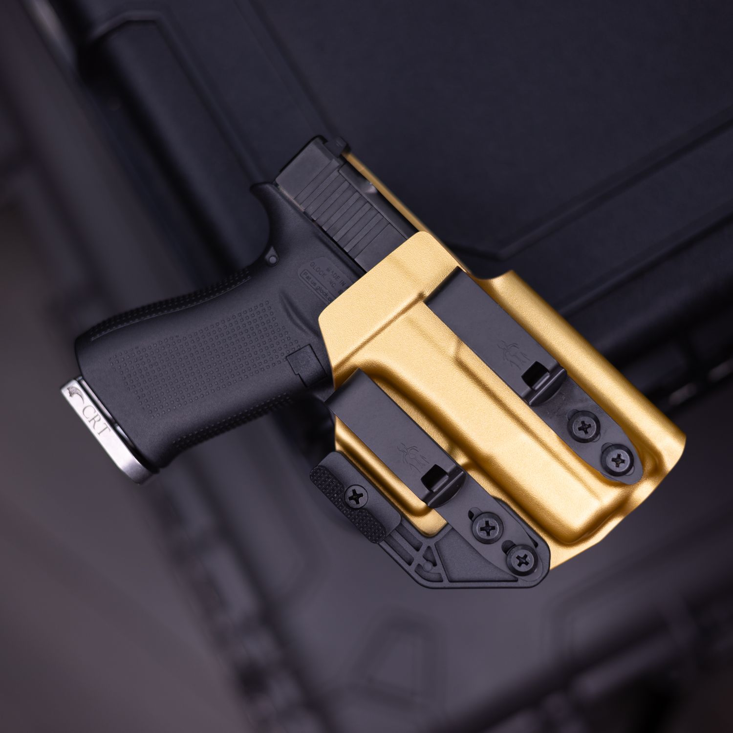 Glock 43x mos V2 Appendix Holster in our 24k Gold Kydex