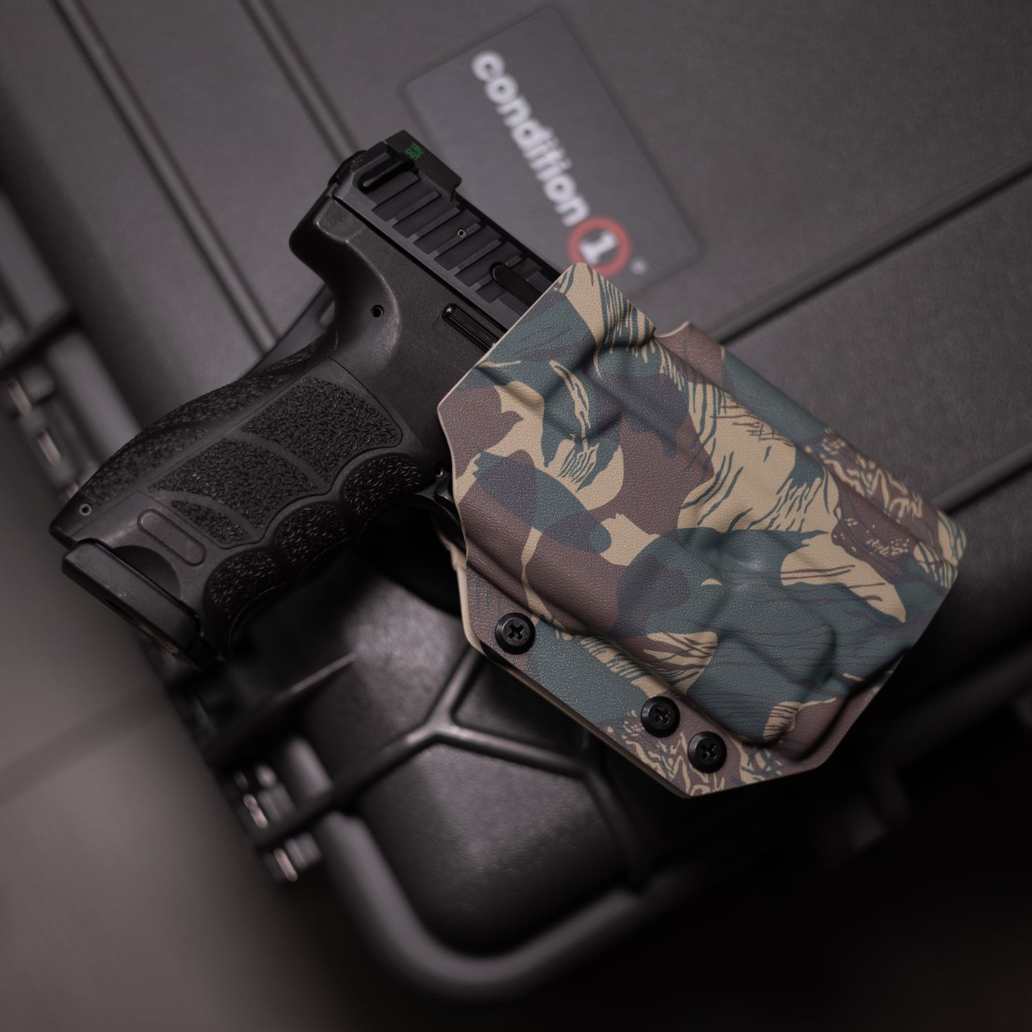 HK VP9 OWB light bearing holster in Rhodesian brush stroke with Safariland UBL