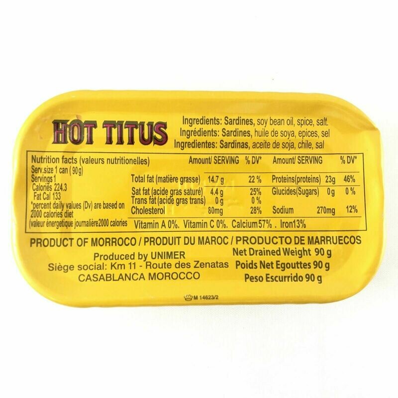 Hot Titus Sardines in Vegetable Oil, Spicy, 4.3oz