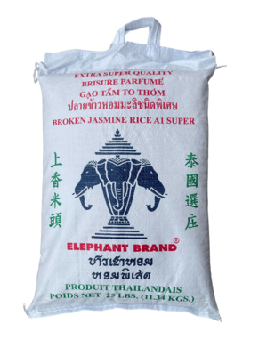 Three Head Elephant White Broken Jasmine Rice 25lbs Bag