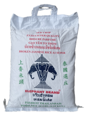 Three Head Elephant White Broken Jasmine Rice 10lbs Bag