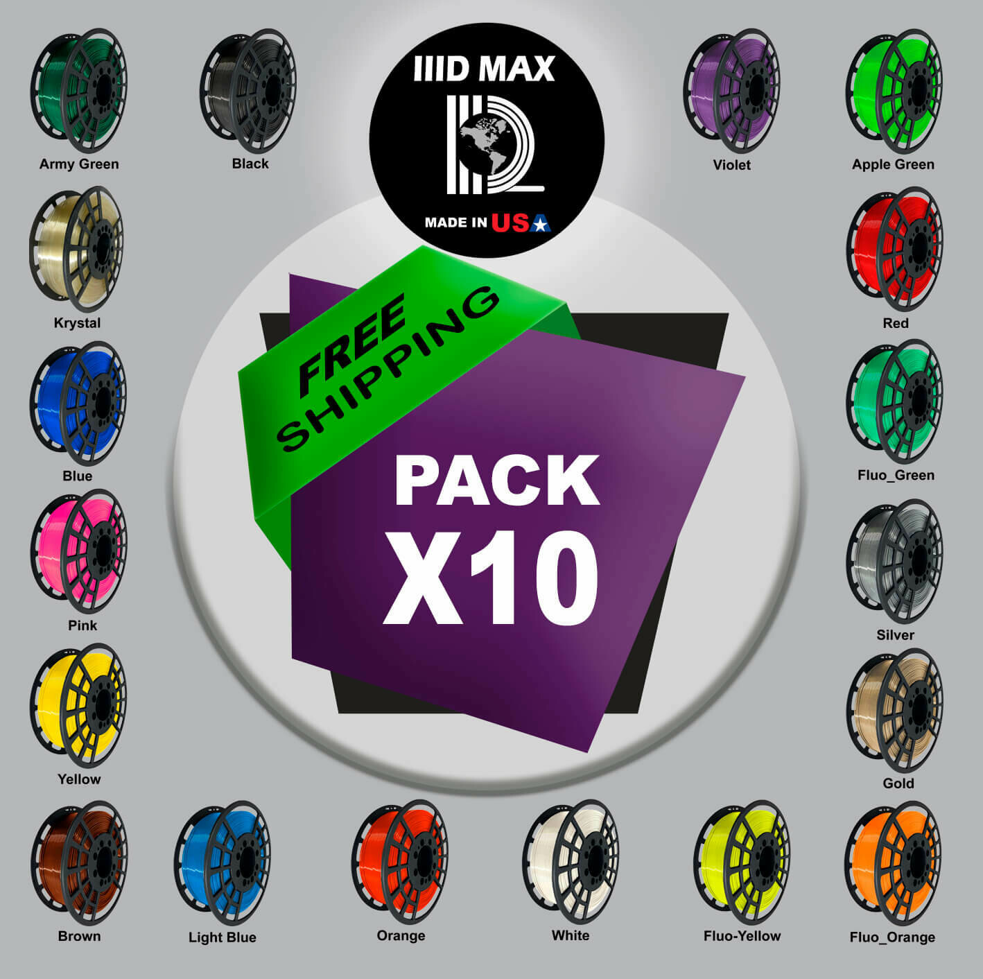 10 x lllDMAX PLA+ Premium 3D Printer Filament, 1kg Spool, 1.75mm, +/- 0.01 - Made in USA. FREE SHIPPING!! $14.99.- x kg 10 x lllDMAX PLA+ Premium 3D Printer Filament, 1kg Spool, 1.75mm, +/- 0.01 - Made in USA. FREE SHIPPING!! $14.99.- x kg