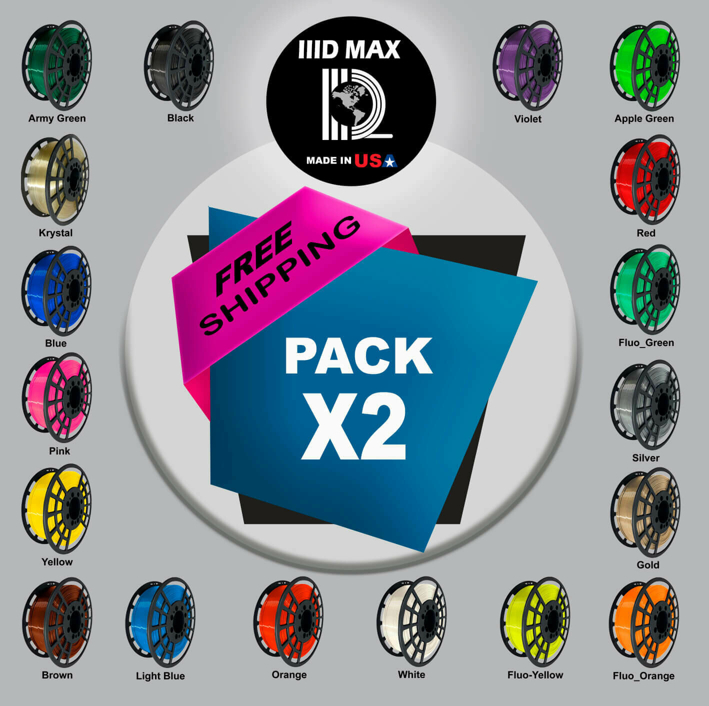 2 x lllDMAX PLA+ Premium 3D Printer Filament, 1kg Spool, 1.75mm, +/- 0.01 - Made in USA! FREE SHIPPING!! $18.99.- x kg 2 x lllDMAX PLA+ Premium 3D Printer Filament, 1kg Spool, 1.75mm, +/- 0.01 - Made in USA! FREE SHIPPING!! $18.99.- x kg