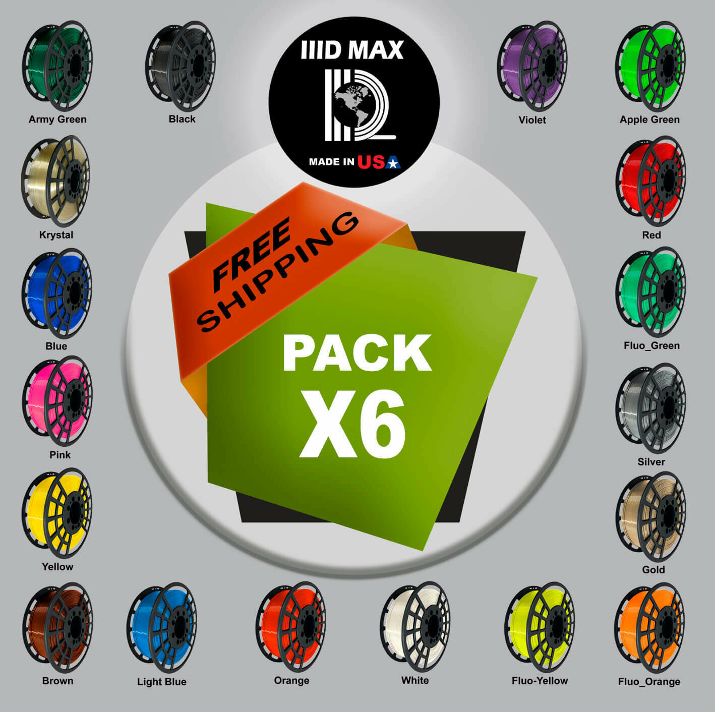 6 x lllDMAX PLA+ Premium 3D Printer Filament, 1kg Spool, 1.75mm, +/- 0.01 - Made in USA - 18 NEW Colors!! FREE SHIPPING!! $15.99.- 6 x lllDMAX PLA+ Premium 3D Printer Filament, 1kg Spool, 1.75mm, +/- 0.01 - Made in USA - 18 NEW Colors!! FREE SHIPPING!! $15.99.-