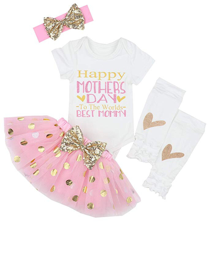 My First Mothers Day Baby Girl Outfit Romper+Tutu Dresses Shorts+Leggings+Headband 4PCS Skirt Set 