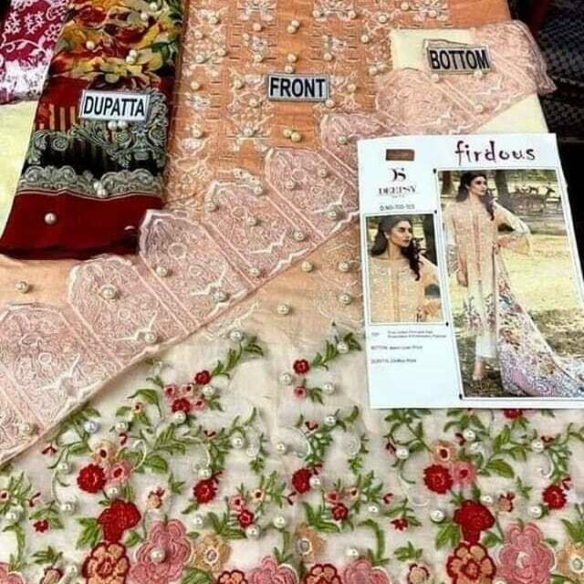 FIRDOUS BY DEEPSY SUITS ❤️❤️❤️  Top Fabric: Pure Cotton Print with Self Embroidery &amp; Embroidery Patches Bottom: Semi Lawn Print Dupatta: Chiffon Print Type: Unstitched (Material)  Indian Version