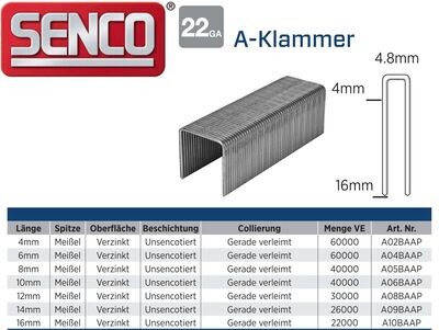 Klammer Senco A10BAAP - 16 mm - verzinkt - 22.000 Klammern