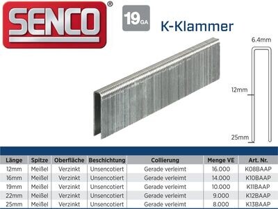 Klammer Senco K11BAAP - 19 mm - verzinkt - 10.000 Klammern
