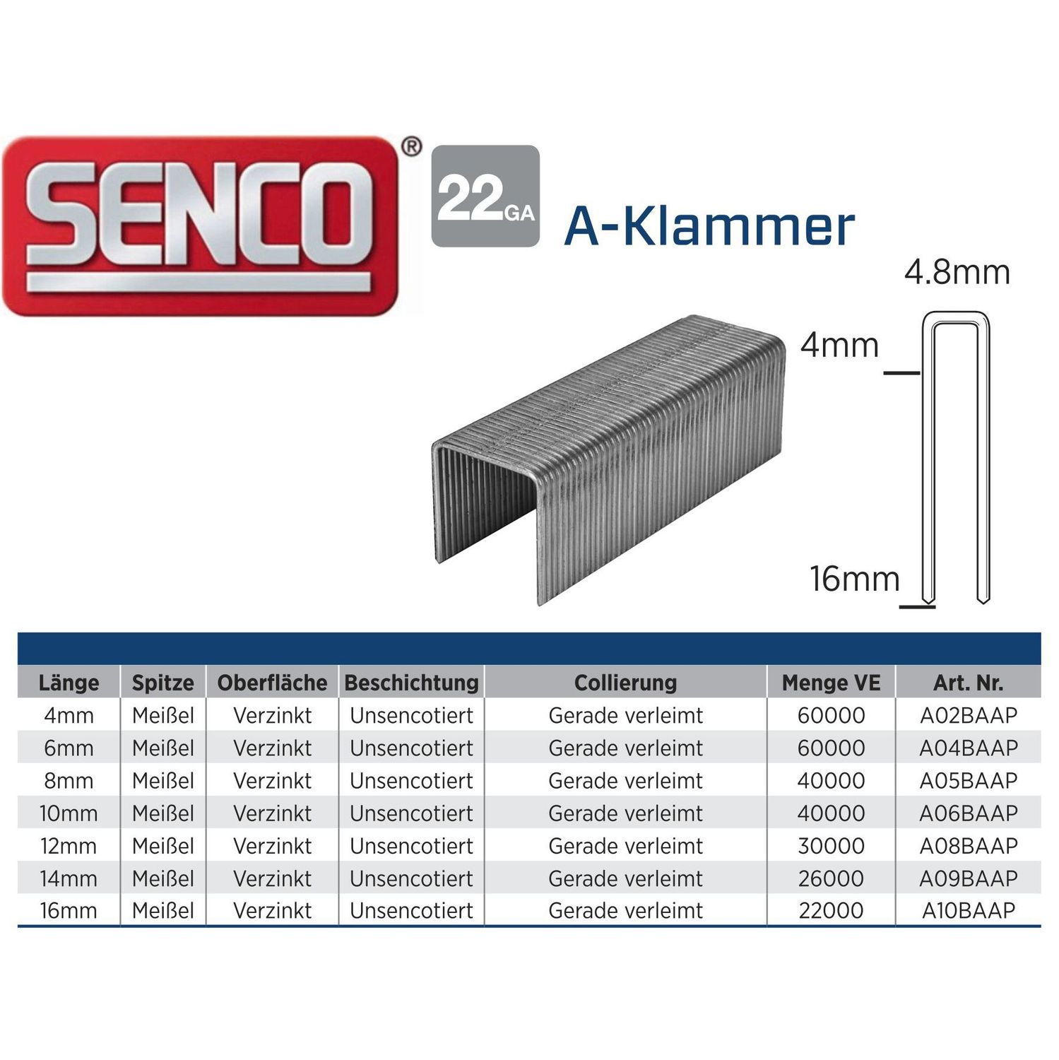 Klammer Senco A08BAAP - 12 mm - verzinkt - 30.000 Klammern