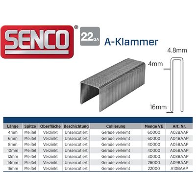 Klammer Senco A09BAAP - 14 mm - verzinkt - 26.000 Klammern