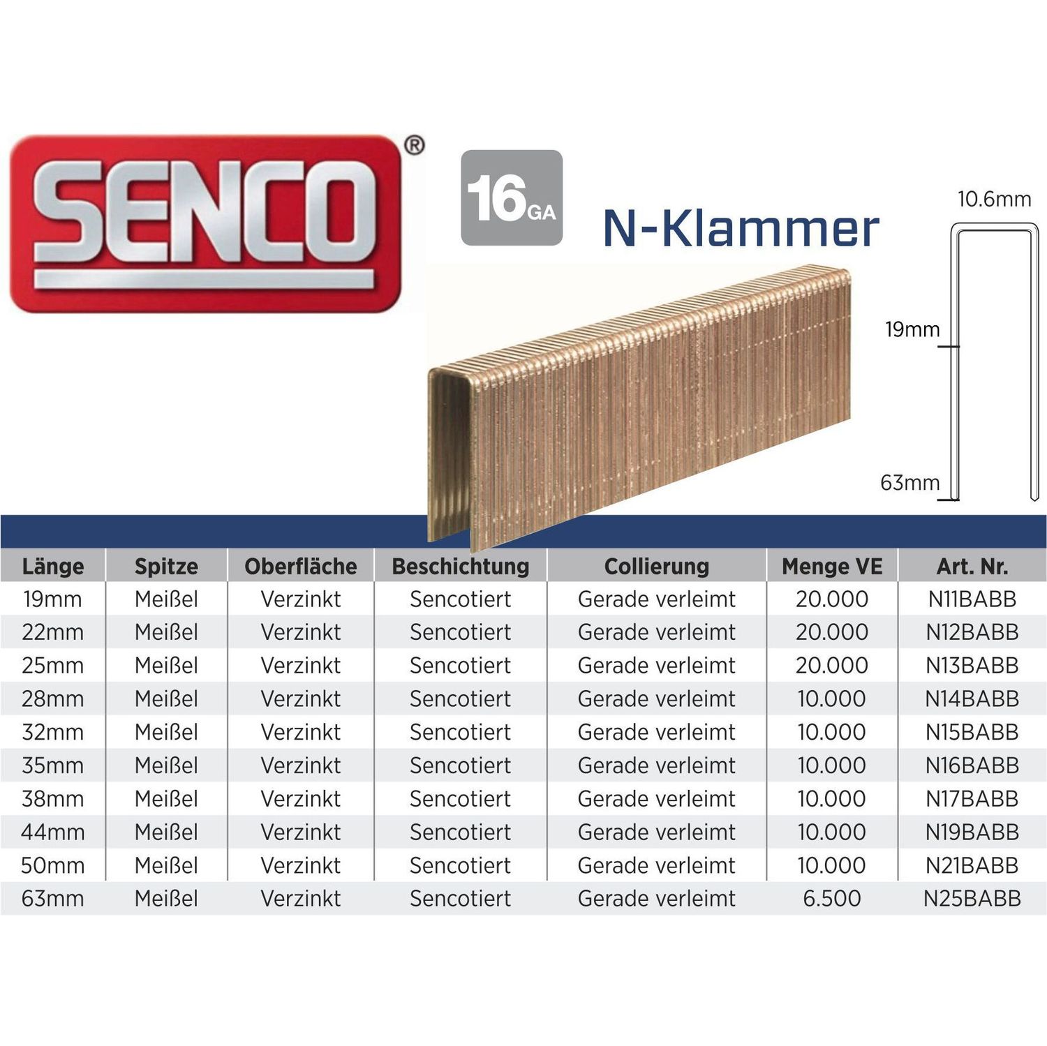 Klammer Senco N21BABB verzinkt - 50 mm - 10.000 Klammern