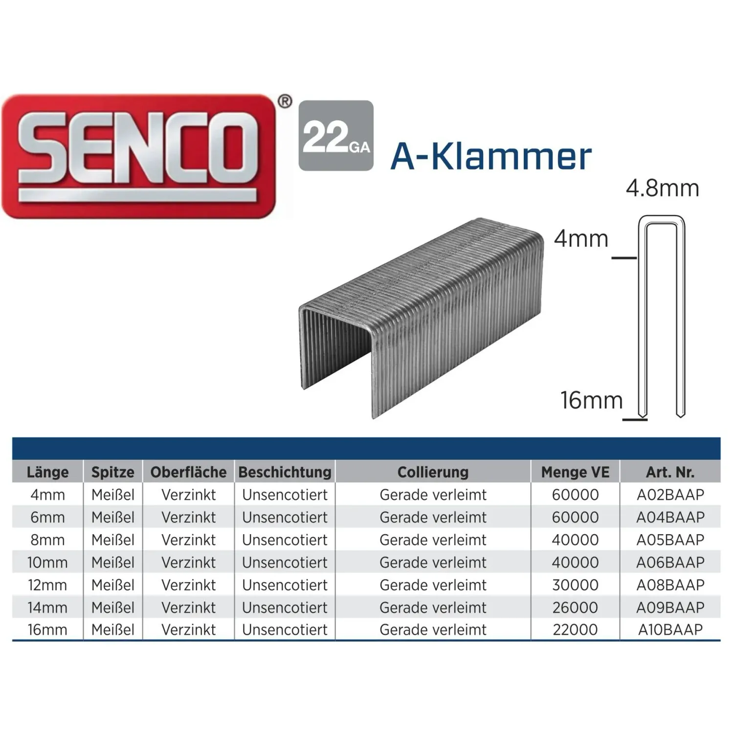Klammer Senco A09BAAP - 14 mm - verzinkt - 26.000 Klammern