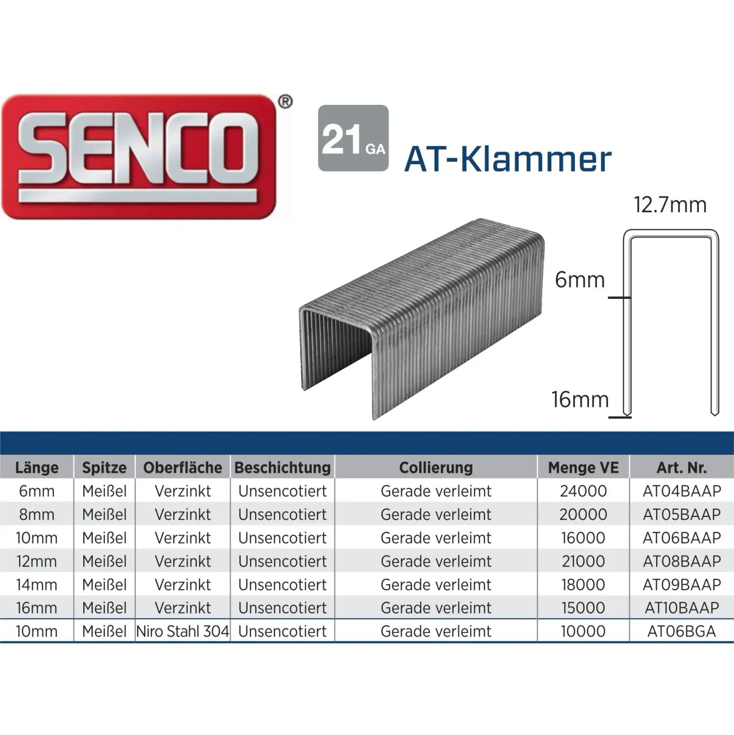 Klammer Senco AT06BAAP - 10 mm - verzinkt - 16.000 Klammern
