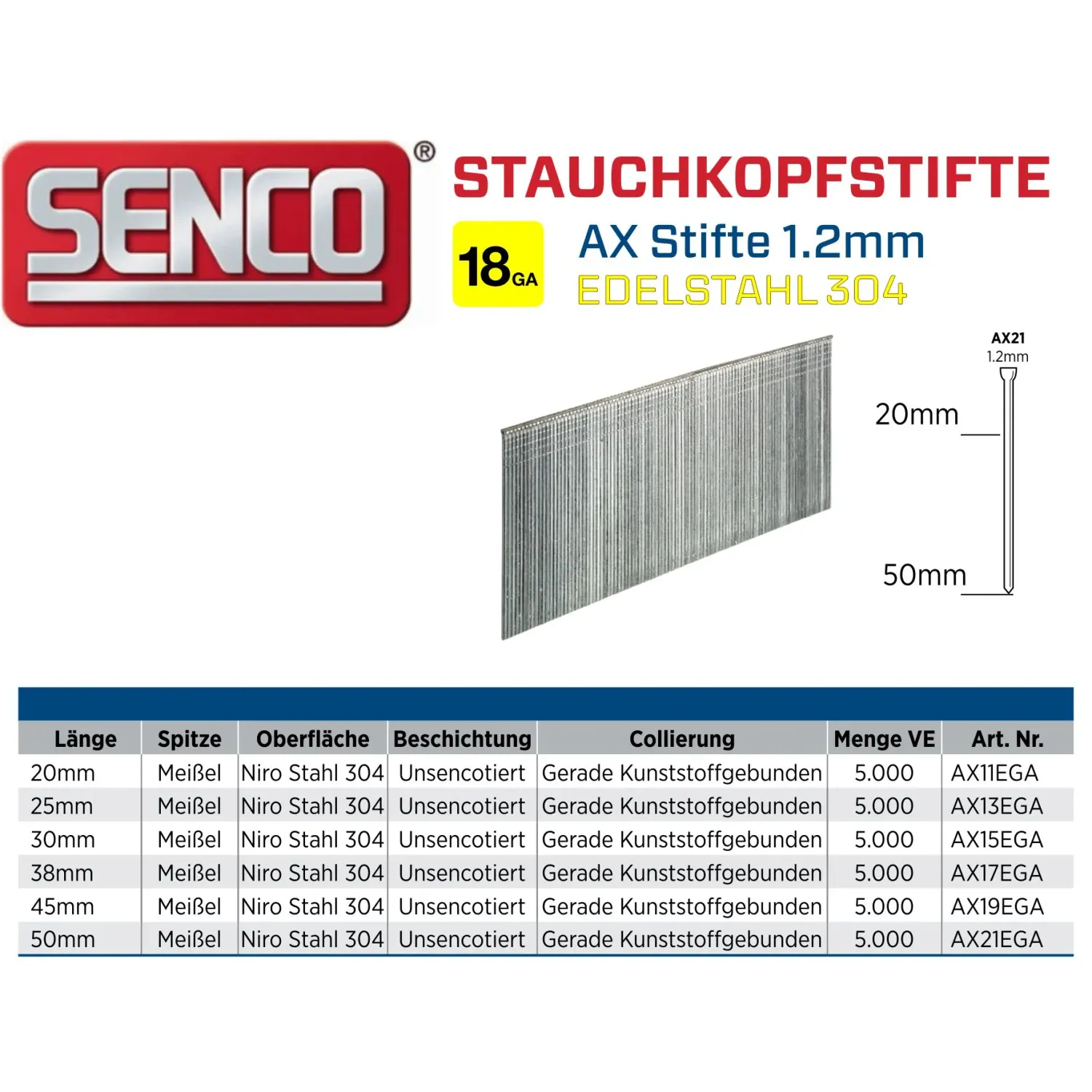 Stauchkopfstifte Senco AX - Edelstahl