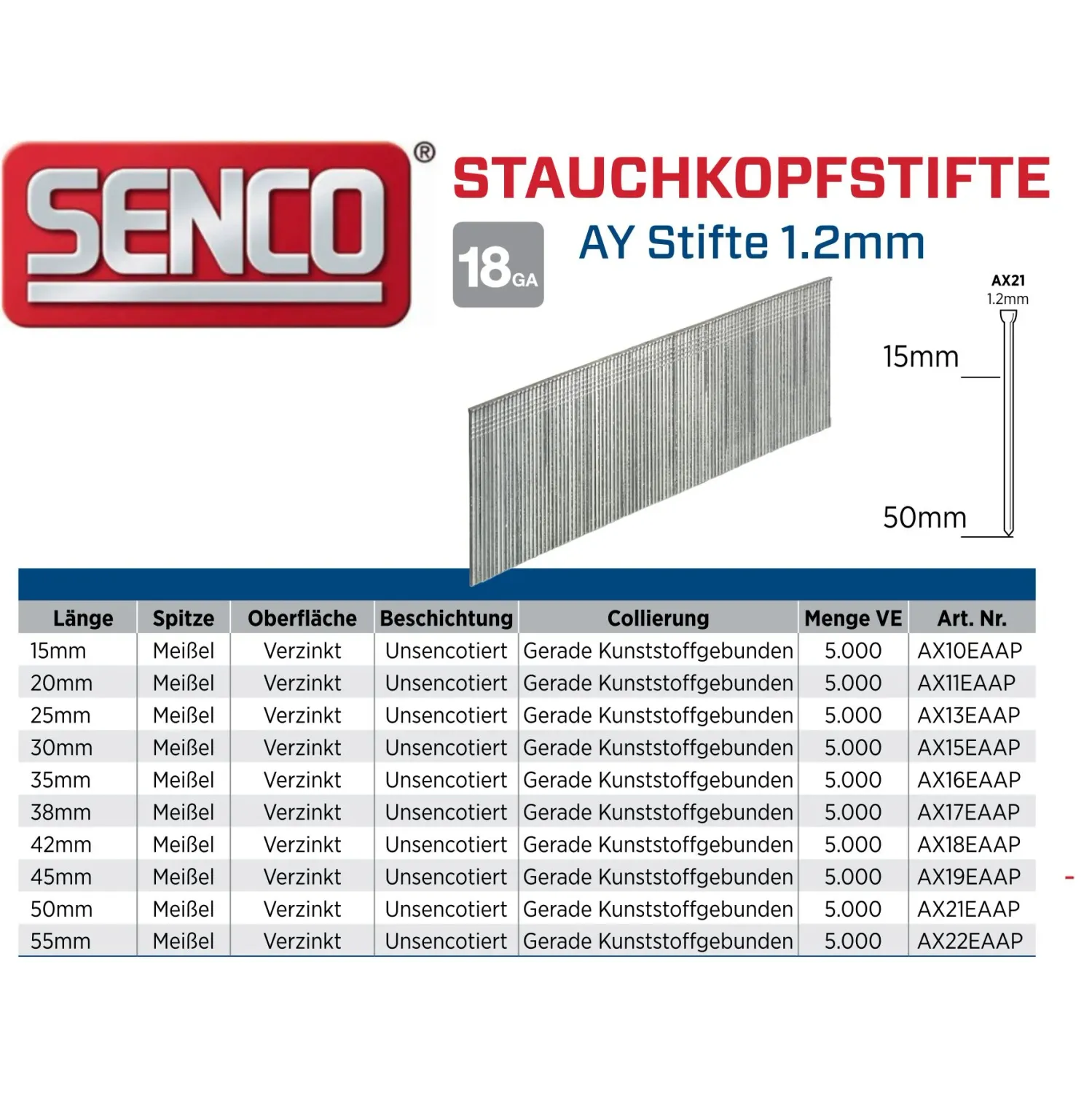 Stauchkopfstifte Senco AY11EAAP - 20 mm - verzinkt - 5.000 Nägel