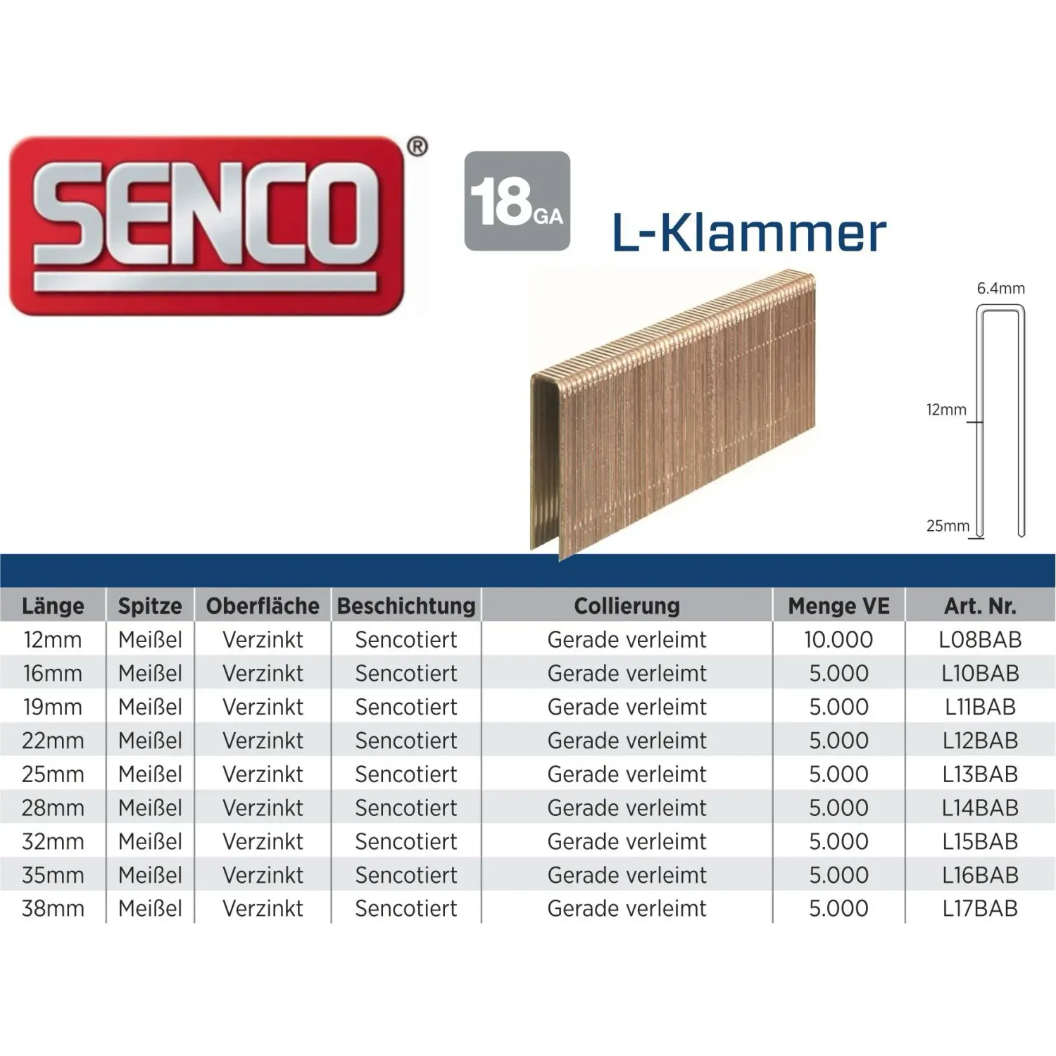 Klammer Senco L08BAB - 12 mm - verzinkt sencotiert - 10.000 Klammern