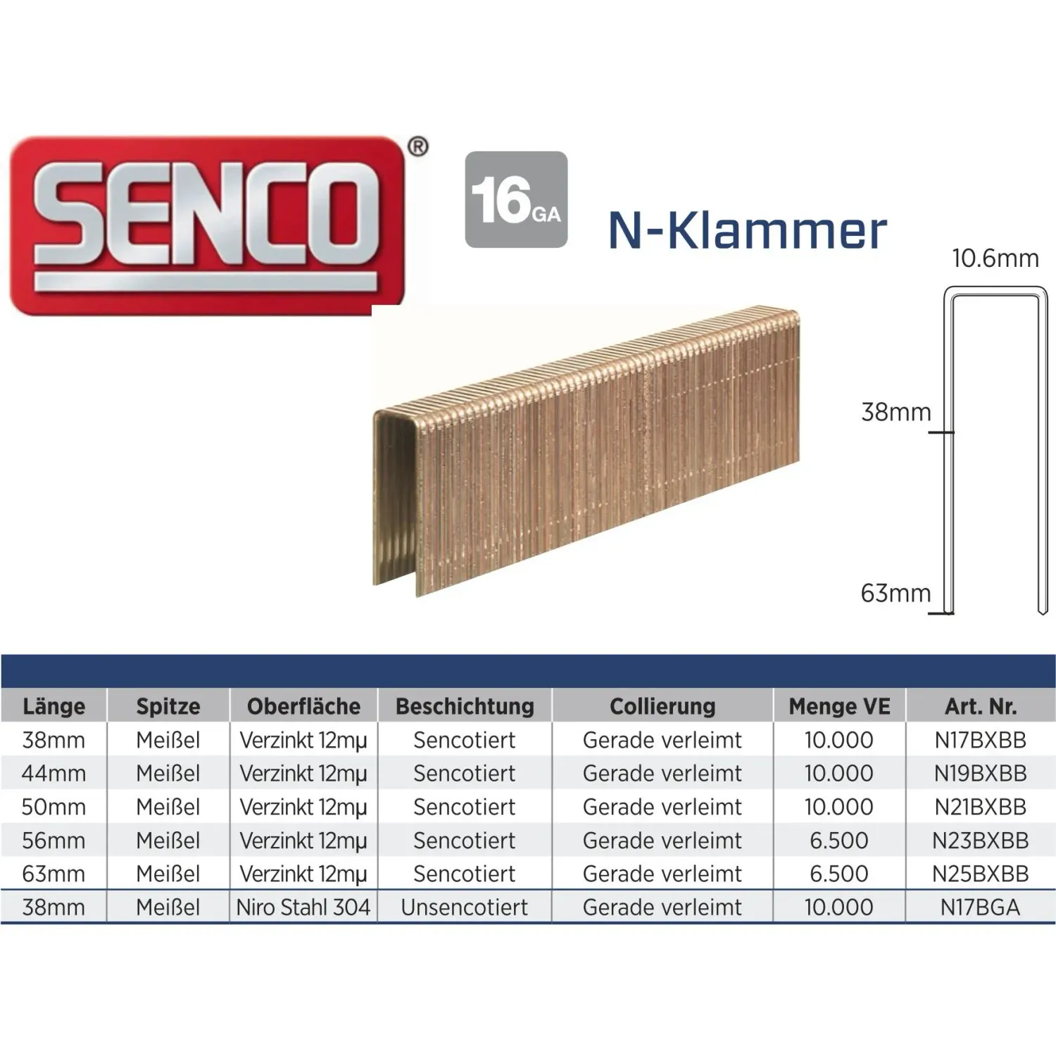 Klammer Senco N21BXBB-ETA 12 micron verzinkt - 50 mm - 10.000 Klammern