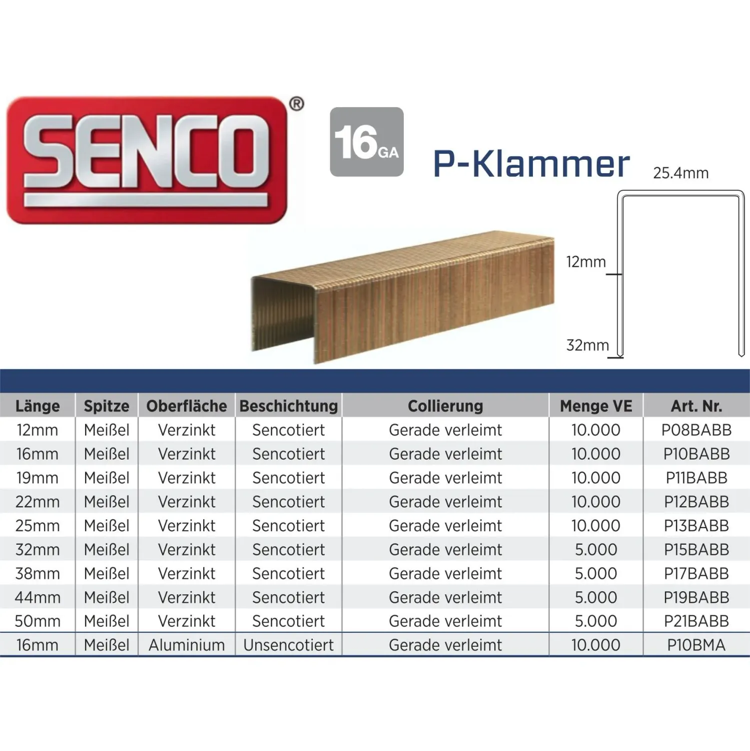 Klammer Senco P21BABB verzinkt - 50 mm - 5.000 Klammern
