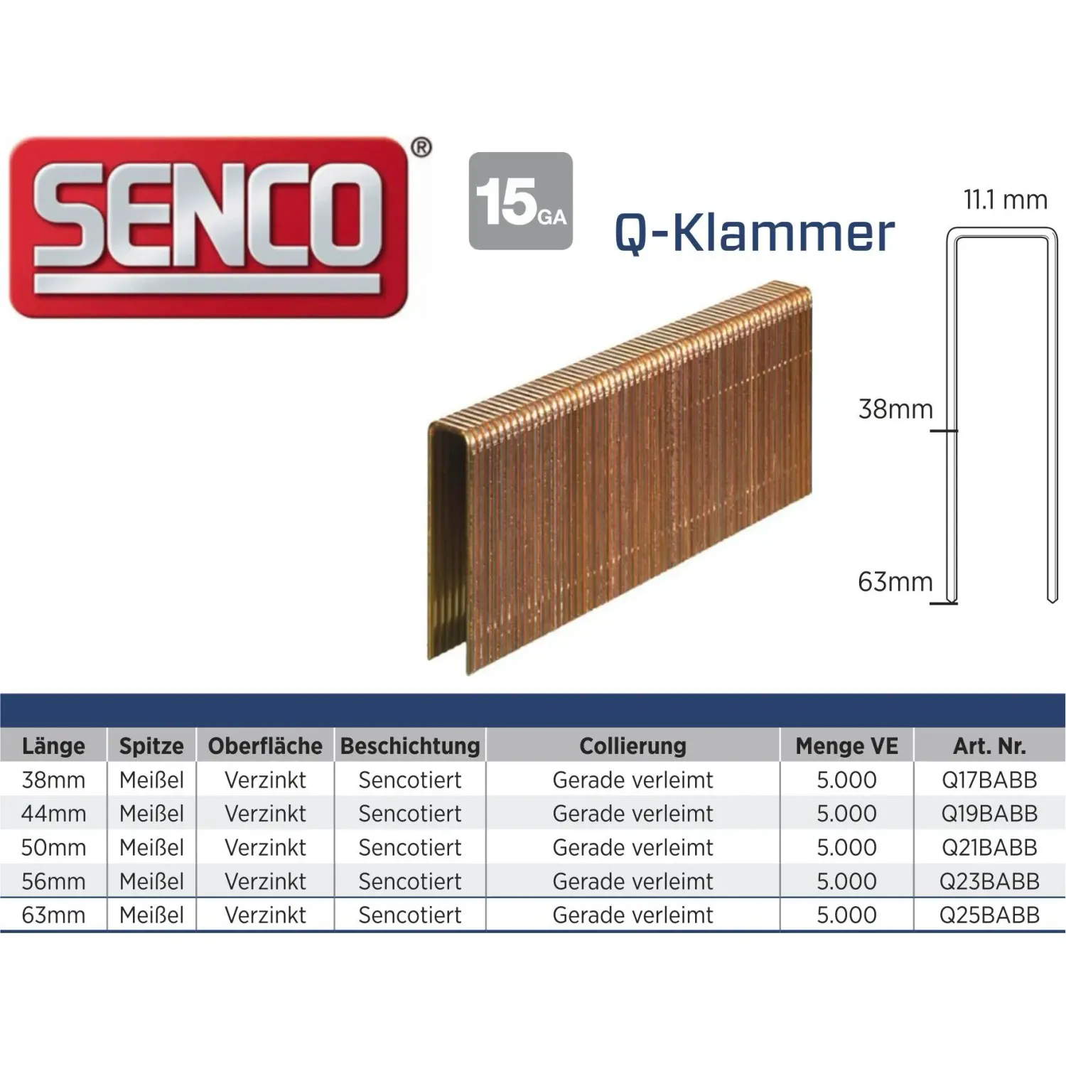 Klammer Senco Q25BABB verzinkt - 63 mm - 5.000 Klammern