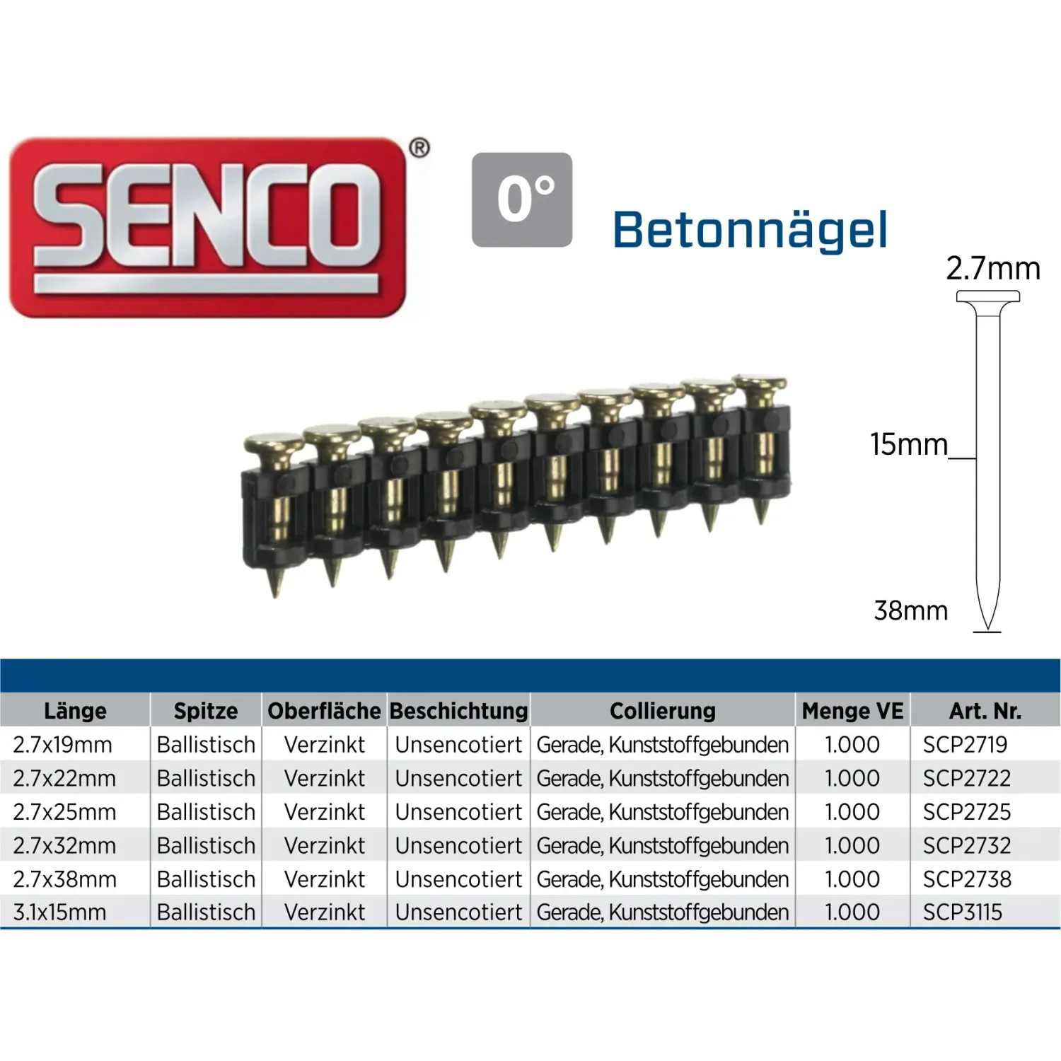 Senco SCP2719 Betonnagel 2.7x19 mm - verzinkt - 1.000 Nägel