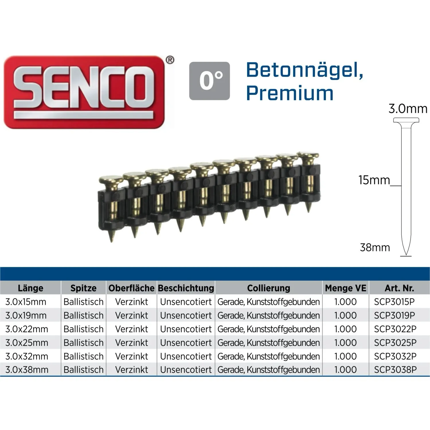 Senco SCP3038P Betonnagel 3.0x38 mm - verzinkt - 1.000 Nägel