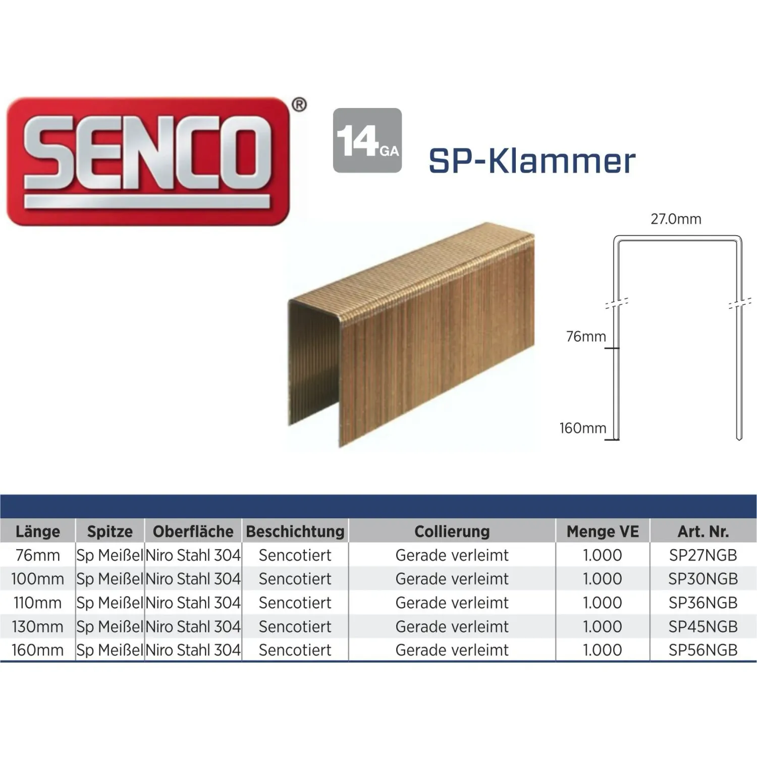 Klammer Senco SP27NGB-ETA - 75 mm - Edelstahl - 1.000 Klammern