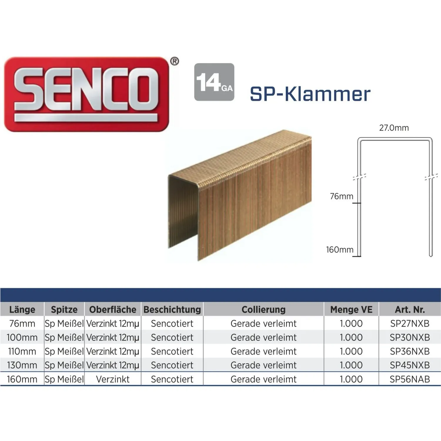 Klammer Senco SP45NXB-ETA - 130 mm - verzinkt - 1.000 Klammern