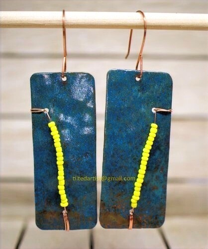 Copper Earrings - Blue and Yellow