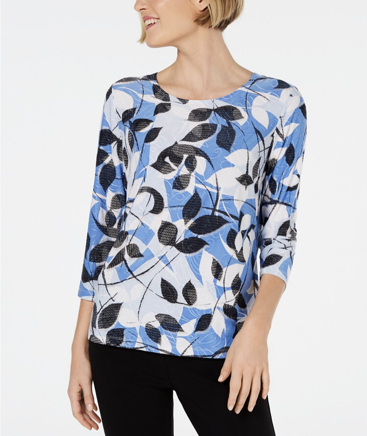3/4-Sleeved Novelty Printed Jacquard Top