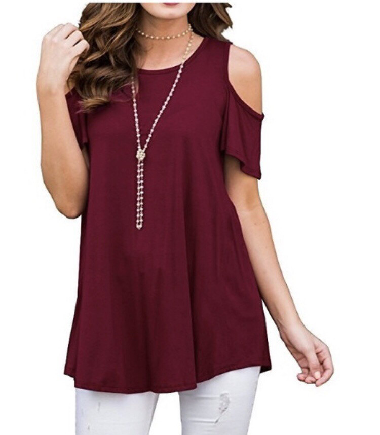 Women’s Summer Solid O-Neck Cold Shoulder Short Sleeve T-shirt