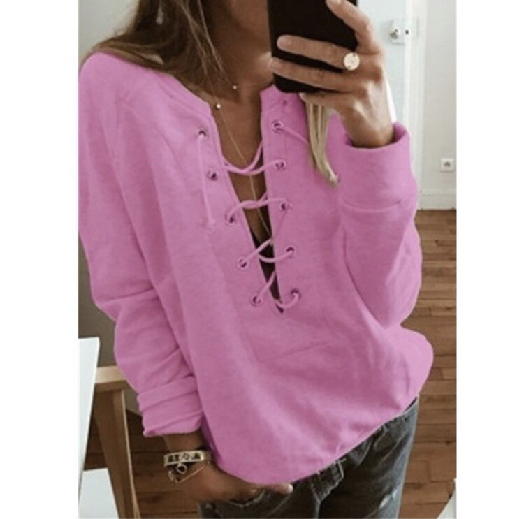 Casual Sexy Lace Up Deep V-Neck Long Sleeve Sweatshirt Plus size TOP