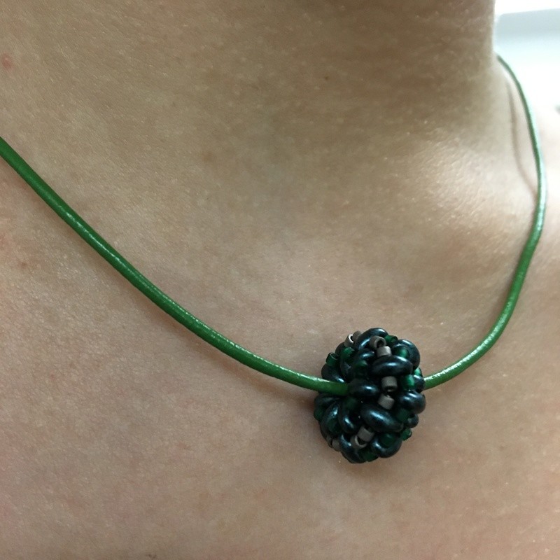 Dark Green Beaded Bead with 16" Green Leather cord and coated copper findings
