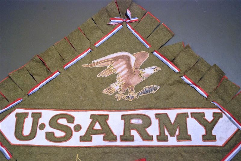 WWI US ARMY PATRIOTIC SHAM w/SILK AMERICAN FLAG AND EAGLE - HAND DONE &amp; BEAUTIFUL!