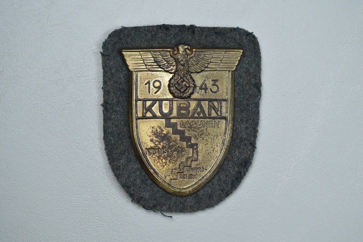 WWII GERMAN ARMY KUBAN SHIELD ON WOOL BACKING - UNIFORM REMOVED