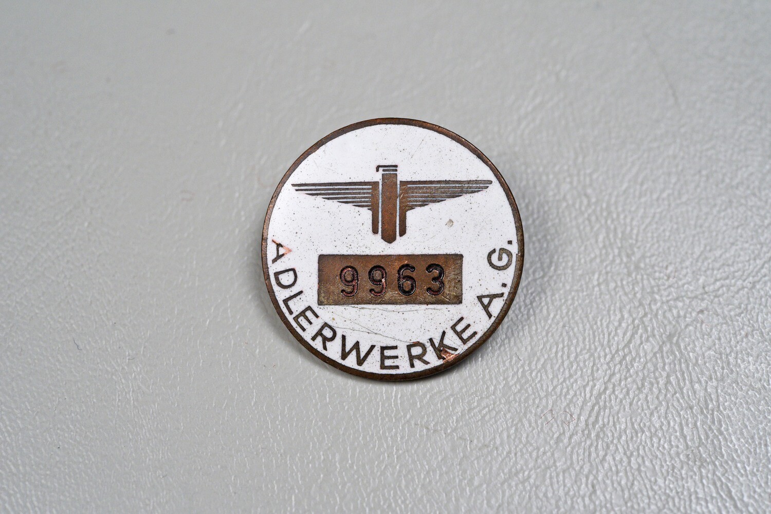 WWII GERMAN ADLERWERKE A.G. FACTORY WORKER BADGE #9963 BY E.F. WIEDMANN